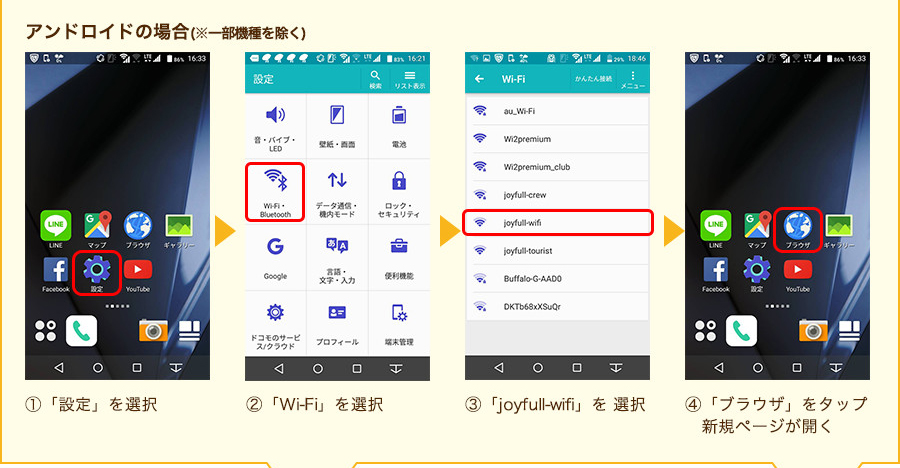 (1)「設定」を選択 (2)「Wi-Fi」を選択 (3)「wi-fi」をオンにし、「joyfull-wifi」を 選択 (4)「ブラウザ」をタップ 新規ページが開く