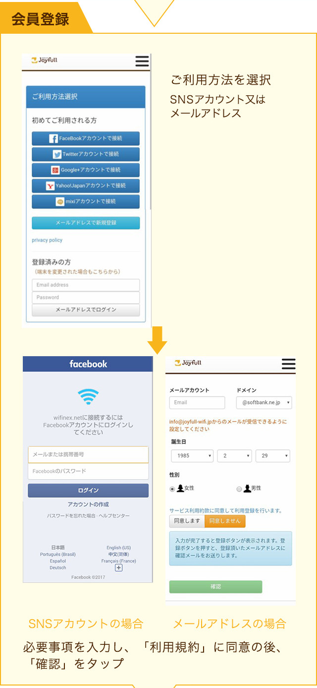 (1)「設定」を選択 (2)「Wi-Fi」を選択 (3)「wi-fi」をオンにし、「joyfull-wifi」を 選択 (4)「ブラウザ」をタップ 新規ページが開く