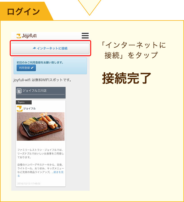 ご利用方法を選択 必要事項を入力し、「利用規約」に同意の後、「確認」をタップ 「インターネットに接続」をタップ