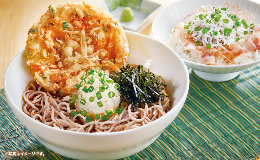 野菜かき揚げのぶっかけおろしそばと釜揚げしらす丼