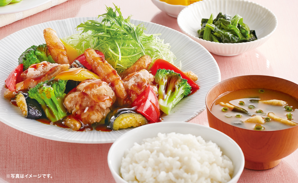 彩り野菜と若鶏の黒酢あんかけ定食