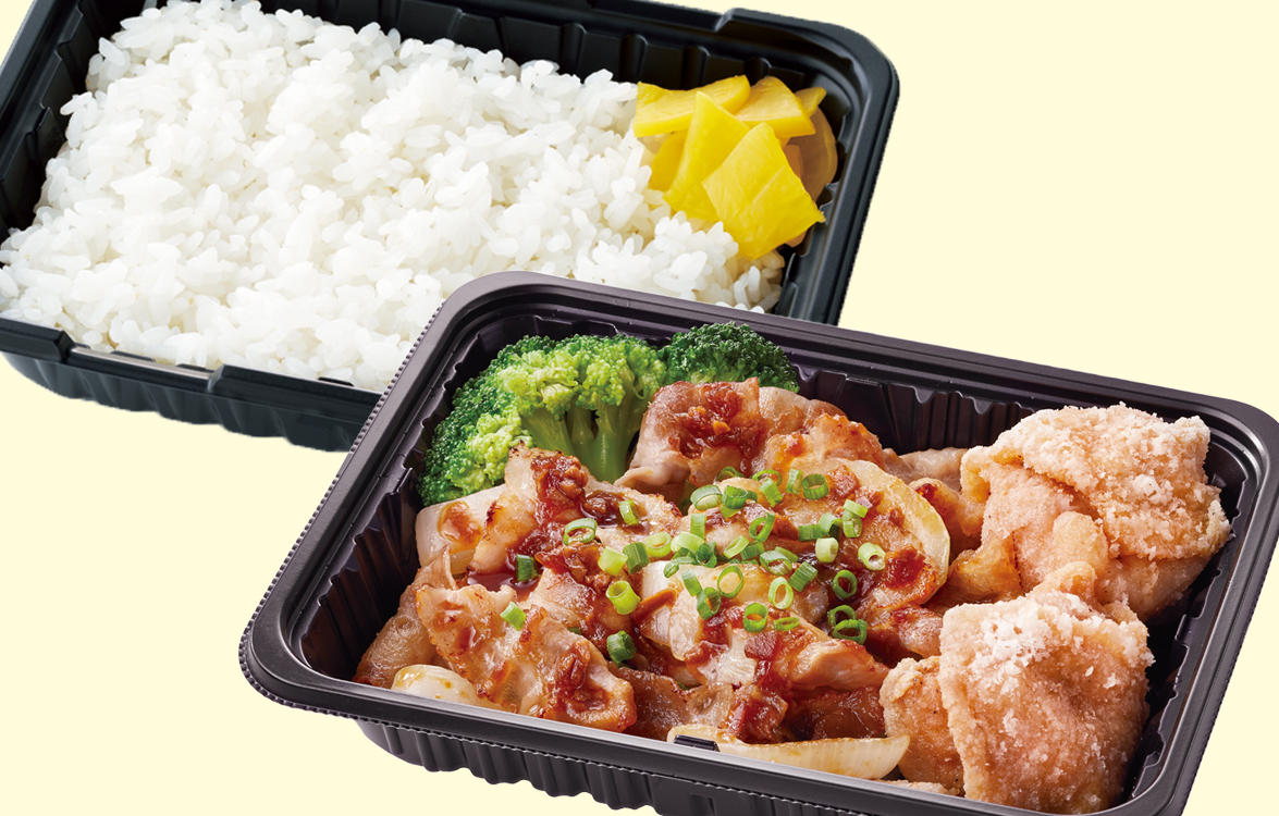 日替りランチ（月曜日）豚肉のにんにく醤油＆唐揚げ弁当