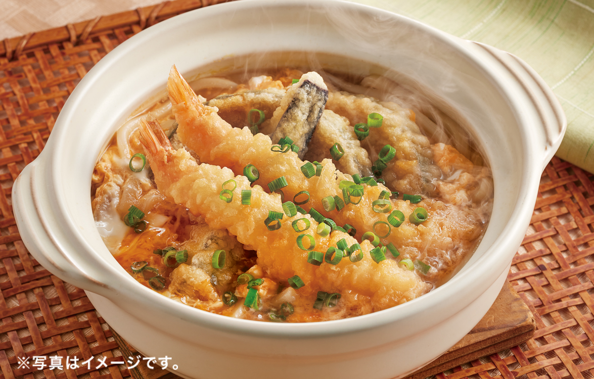 じゅわっと出汁溢れる海老天とじうどん（えび・ナス・かぼちゃ）