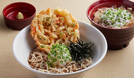 野菜かき揚げのぶっかけおろしそばと釜揚げしらす丼