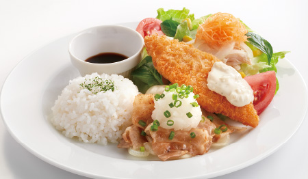 白身魚フライと豚焼きしゃぶ＆蒸し鶏サラダ